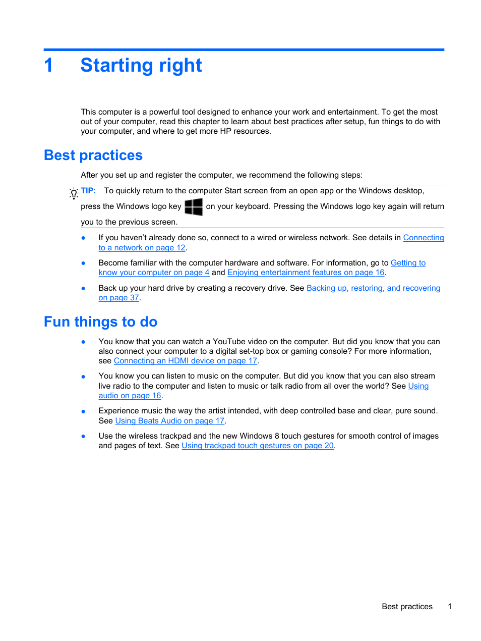 Starting right, Best practices, Fun things to do | 1 starting right, Best practices fun things to do, 1starting right | HP Spectre ONE 23-e010se All-in-One CTO Desktop PC User Manual | Page 7 / 60