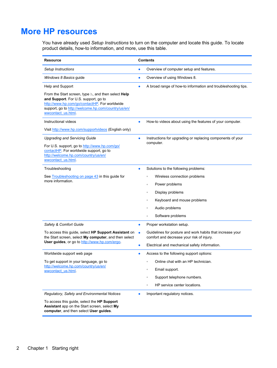 More hp resources, 2chapter 1 starting right | HP Spectre ONE 23-e010se All-in-One CTO Desktop PC User Manual | Page 8 / 60
