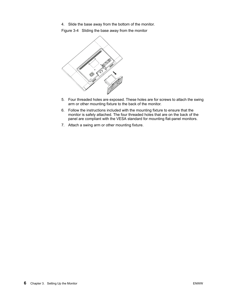 Slide the base away from the bottom of the monitor, Attach a swing arm or other mounting fixture | HP w2271d 21.5-inch Diagonal LED Monitor User Manual | Page 12 / 36