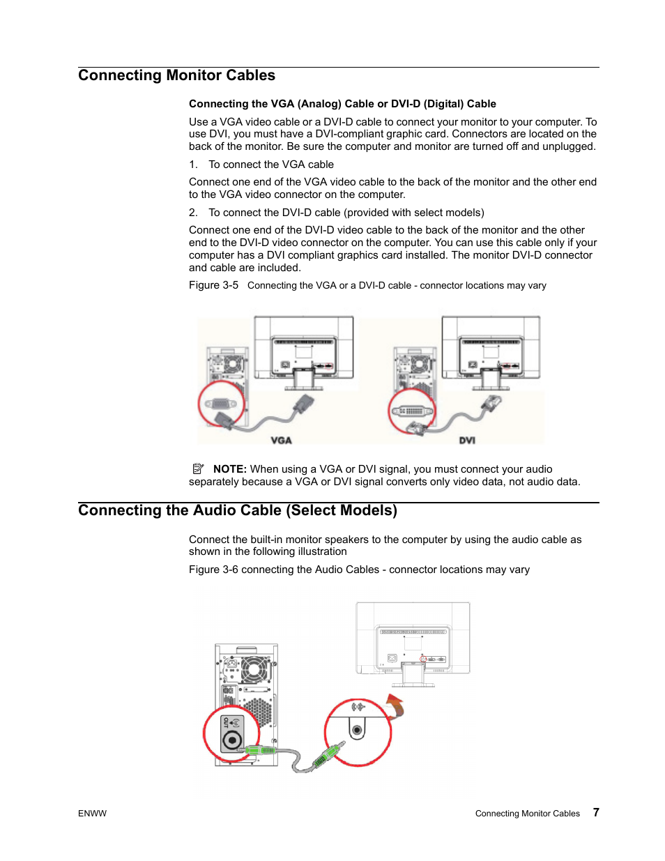 Connecting monitor cables, To connect the vga cable, Connecting the audio cable (select models) | HP w2271d 21.5-inch Diagonal LED Monitor User Manual | Page 13 / 36