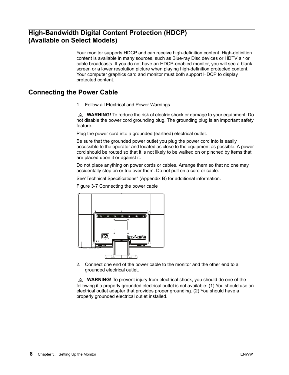Connecting the power cable, Follow all electrical and power warnings, High-bandwidth digital content protection (hdcp) | Available on select models) | HP w2271d 21.5-inch Diagonal LED Monitor User Manual | Page 14 / 36