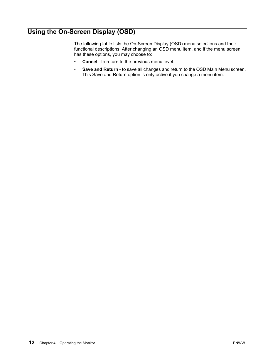 Using the on-screen display (osd), Cancel - to return to the previous menu level | HP w2271d 21.5-inch Diagonal LED Monitor User Manual | Page 18 / 36
