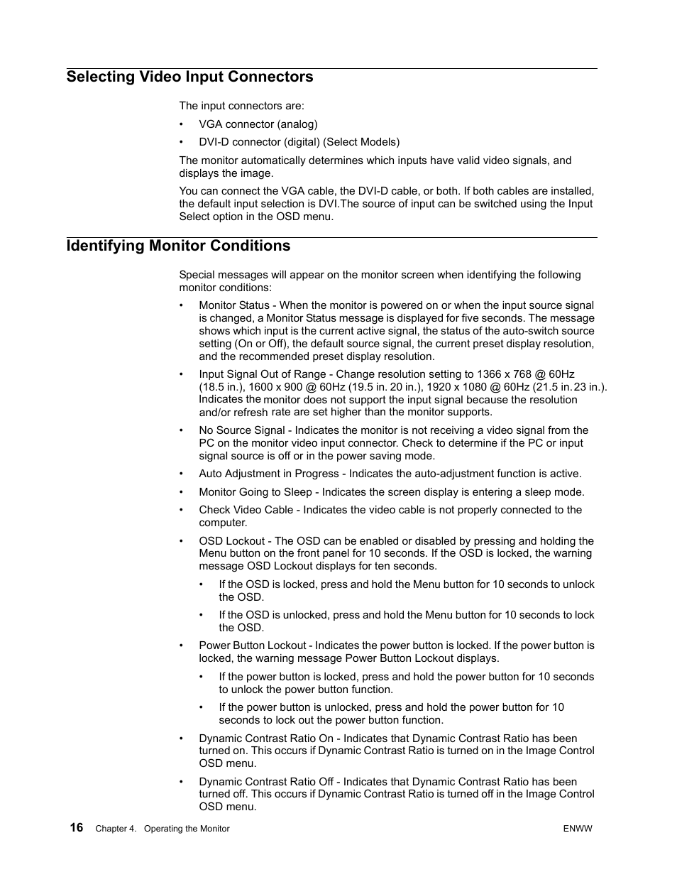 Selecting video input connectors, Vga connector (analog), Dvi-d connector (digital) (select models) | Identifying monitor conditions | HP w2271d 21.5-inch Diagonal LED Monitor User Manual | Page 22 / 36