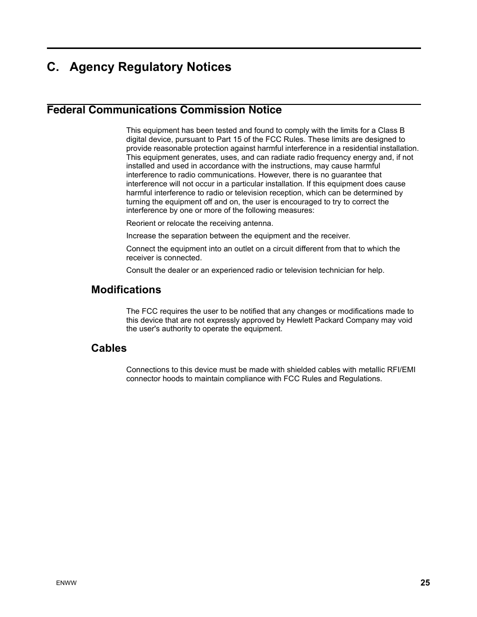 C. agency regulatory notices, Federal communications commission notice, Modifications | Cables | HP w2271d 21.5-inch Diagonal LED Monitor User Manual | Page 31 / 36