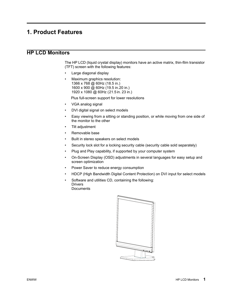 Product features, Hp lcd monitors, Large diagonal display | Vga analog signal, Dvi digital signal on select models, Tilt adjustment, Removable base, Built in stereo speakers on select models, Power saver to reduce energy consumption | HP w2271d 21.5-inch Diagonal LED Monitor User Manual | Page 7 / 36