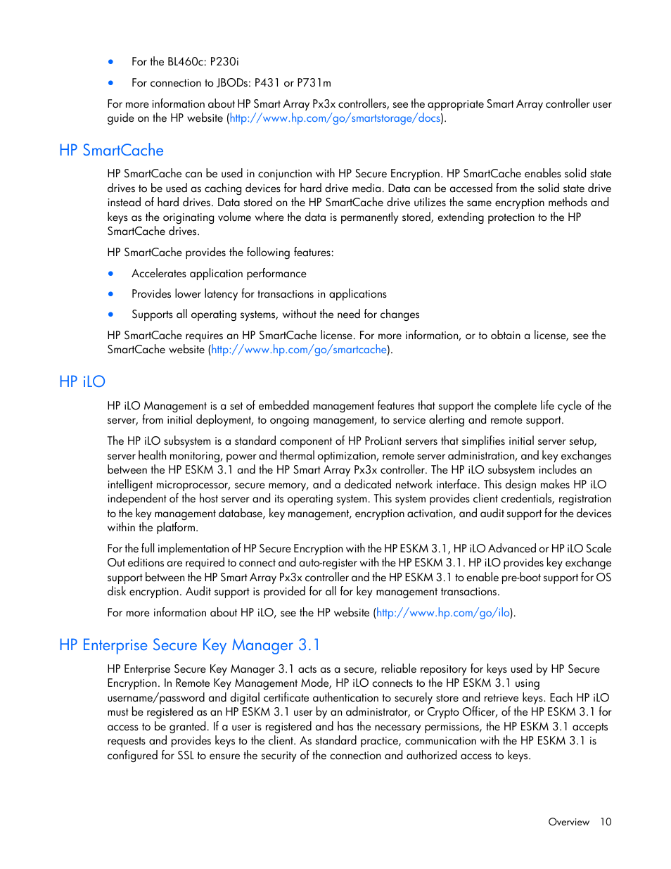 Hp smartcache, Hp ilo, Hp enterprise secure key manager 3.1 | HP Secure Encryption User Manual | Page 10 / 76