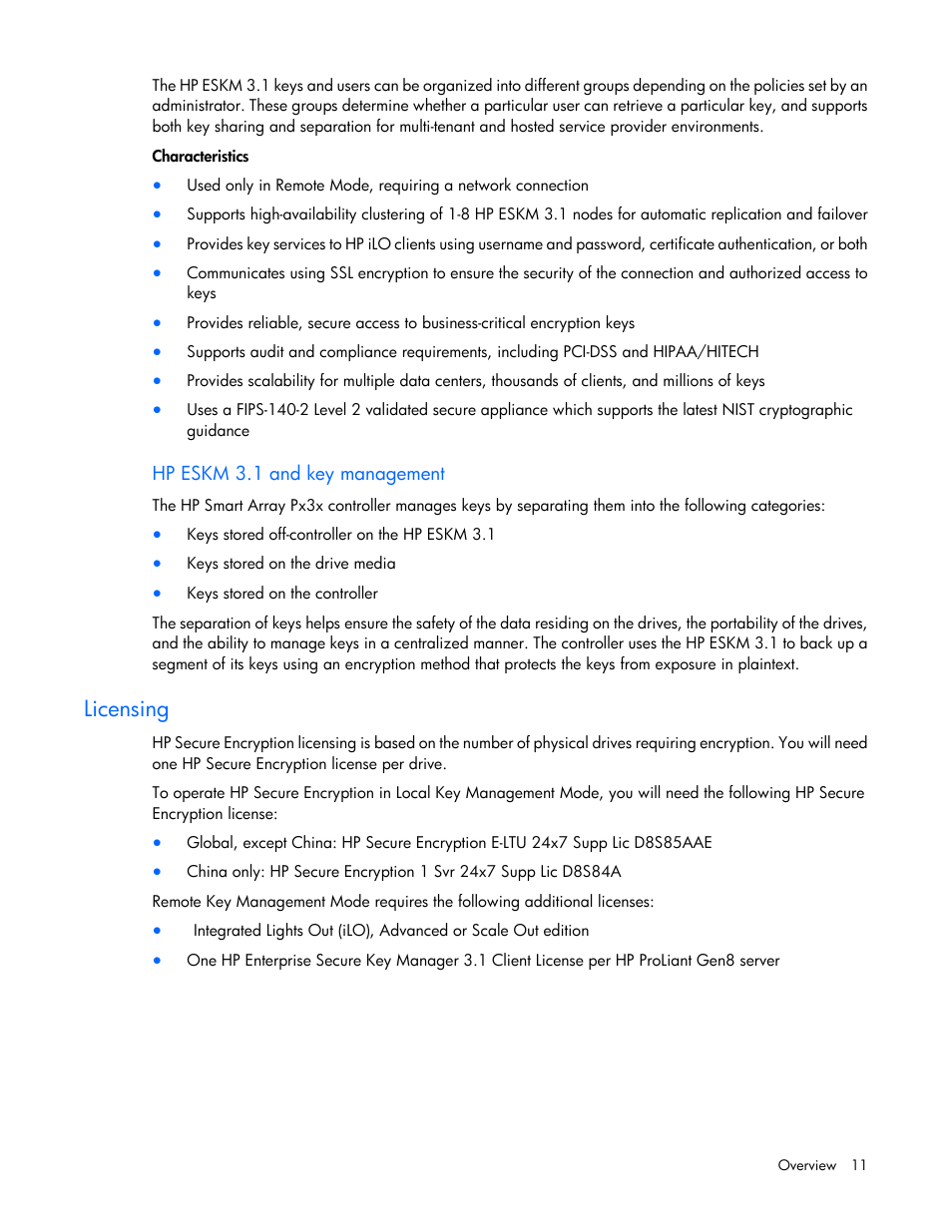 Hp eskm 3.1 and key management, Licensing | HP Secure Encryption User Manual | Page 11 / 76