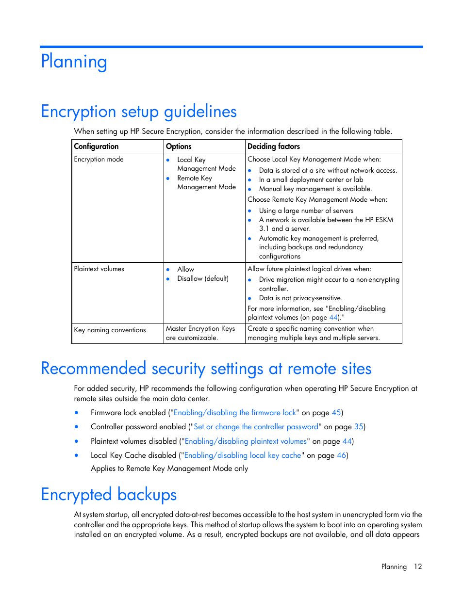 Planning, Encryption setup guidelines, Recommended security settings at remote sites | Encrypted backups | HP Secure Encryption User Manual | Page 12 / 76