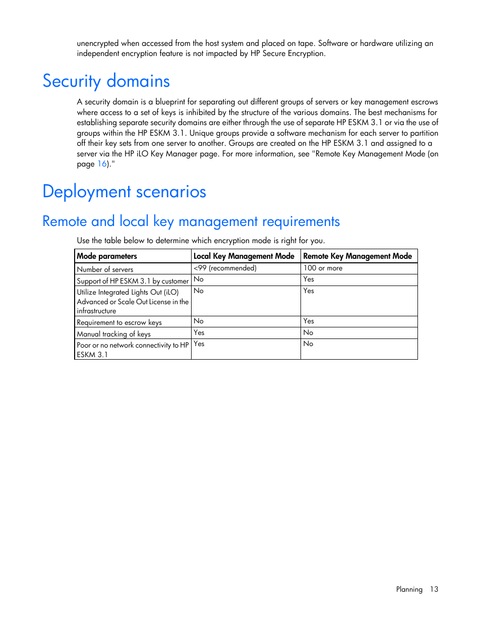 Security domains, Deployment scenarios, Remote and local key management requirements | HP Secure Encryption User Manual | Page 13 / 76