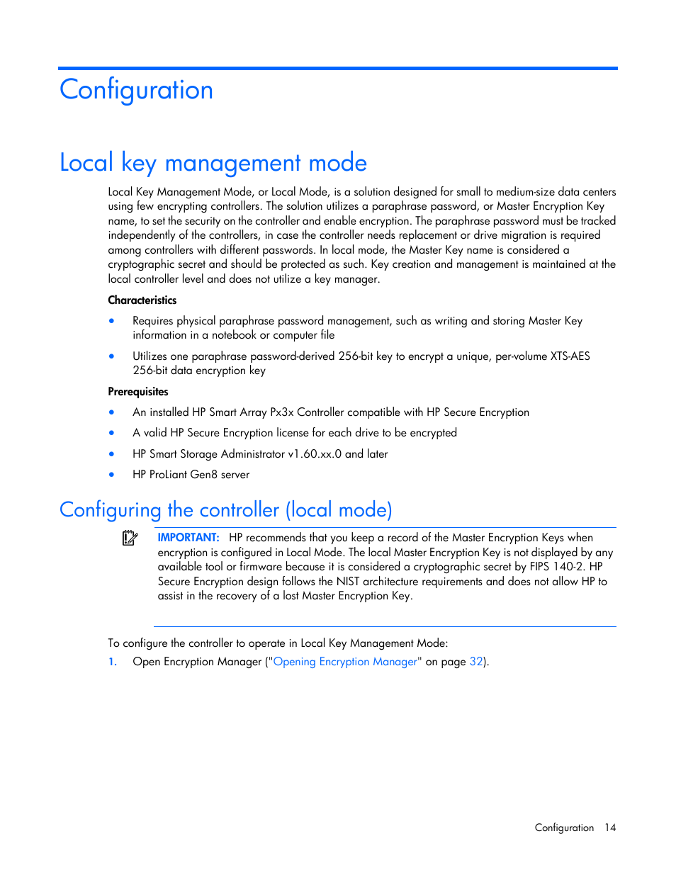 Configuration, Local key management mode, Configuring the controller (local mode) | HP Secure Encryption User Manual | Page 14 / 76