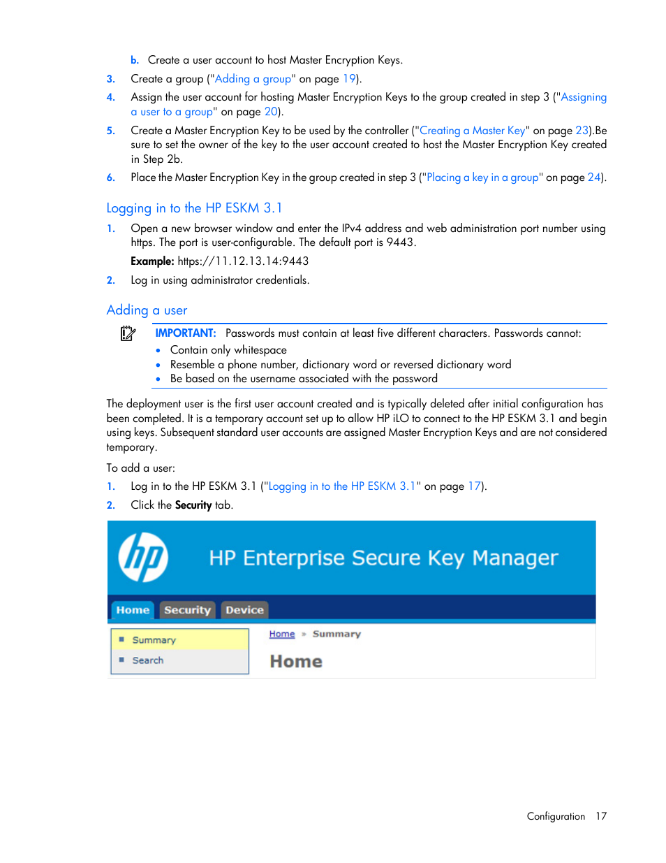 Logging in to the hp eskm 3.1, Adding a user | HP Secure Encryption User Manual | Page 17 / 76