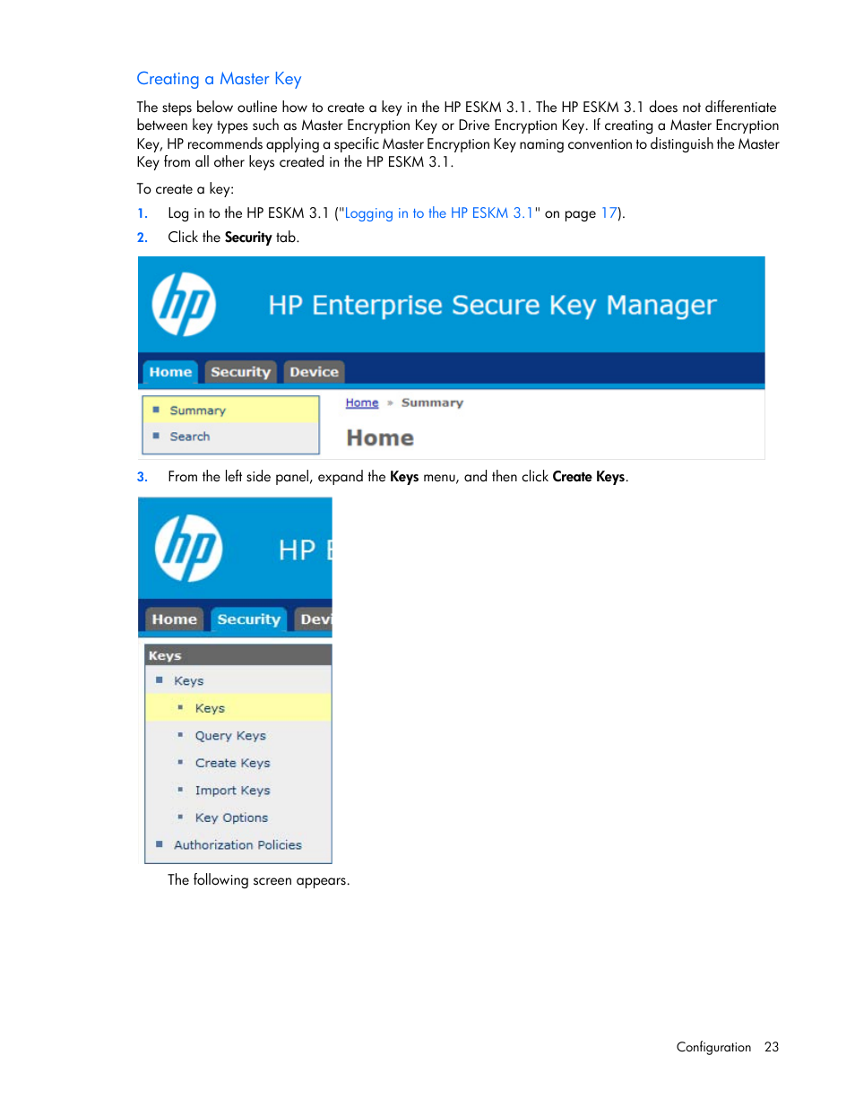 Creating a master key | HP Secure Encryption User Manual | Page 23 / 76