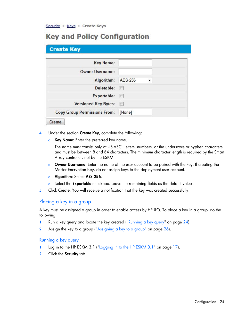 Placing a key in a group, Running a key query | HP Secure Encryption User Manual | Page 24 / 76