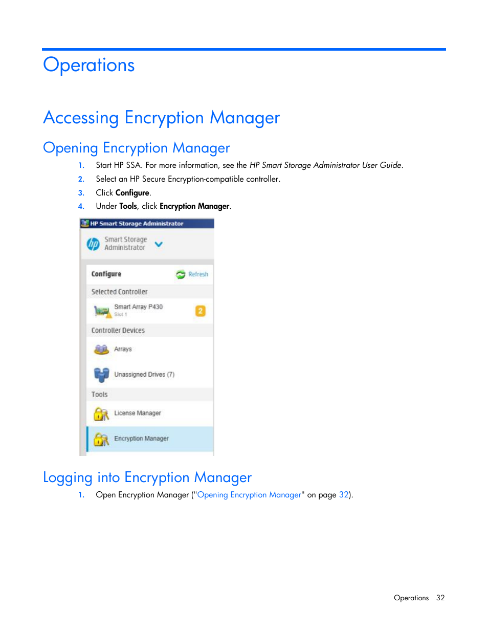 Operations, Accessing encryption manager, Opening encryption manager | Logging into encryption manager | HP Secure Encryption User Manual | Page 32 / 76