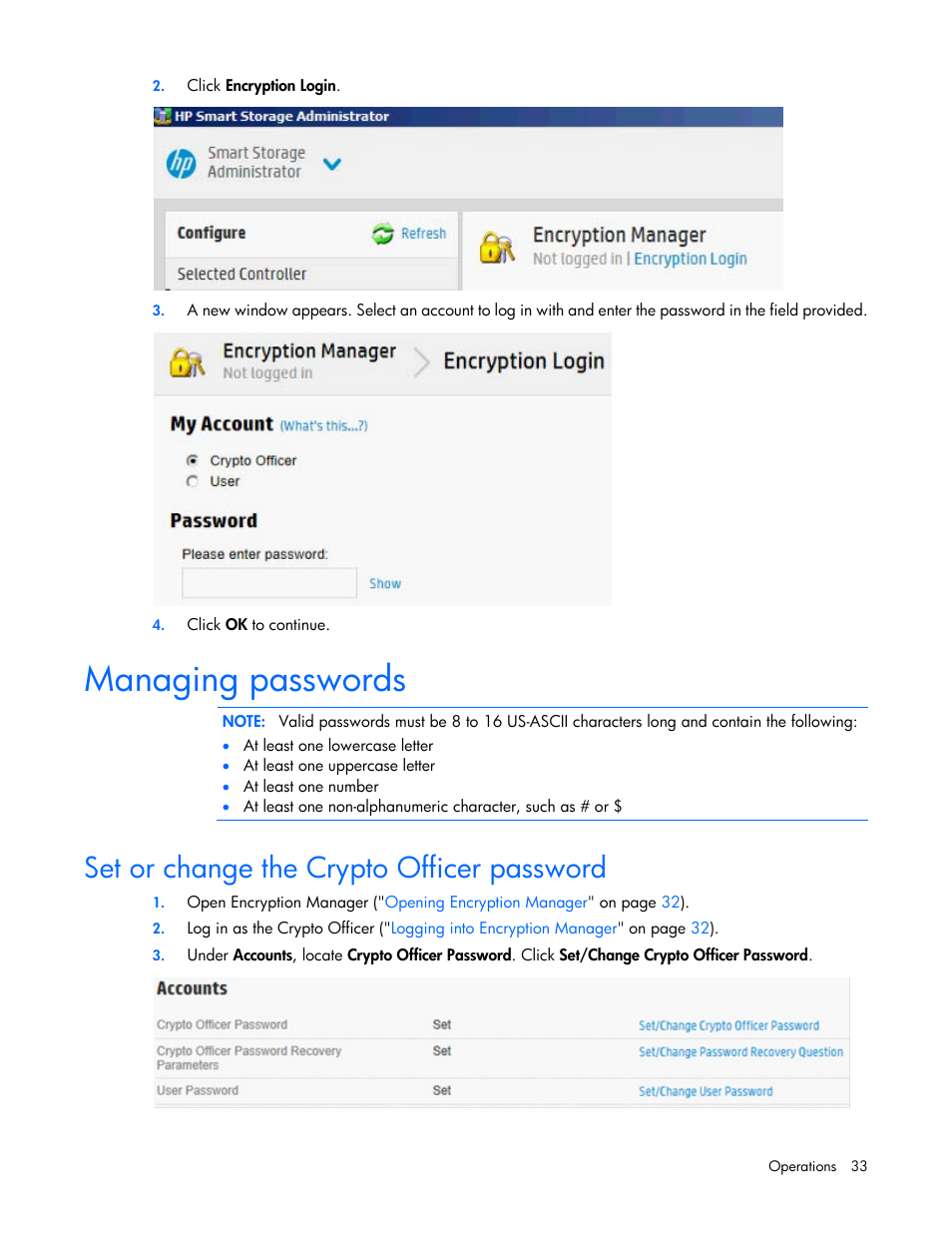 Managing passwords, Set or change the crypto officer password | HP Secure Encryption User Manual | Page 33 / 76