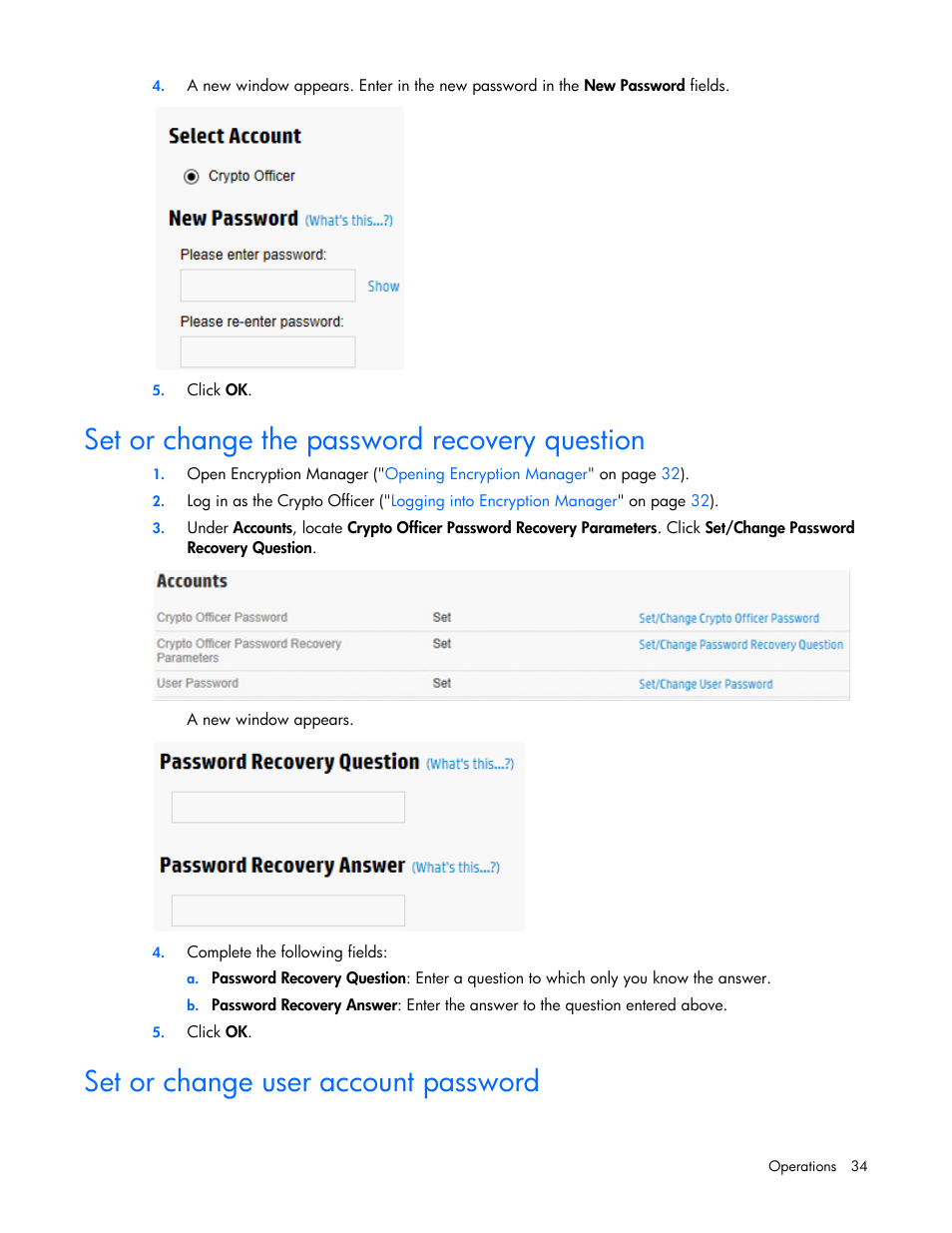 Set or change the password recovery question, Set or change user account password | HP Secure Encryption User Manual | Page 34 / 76