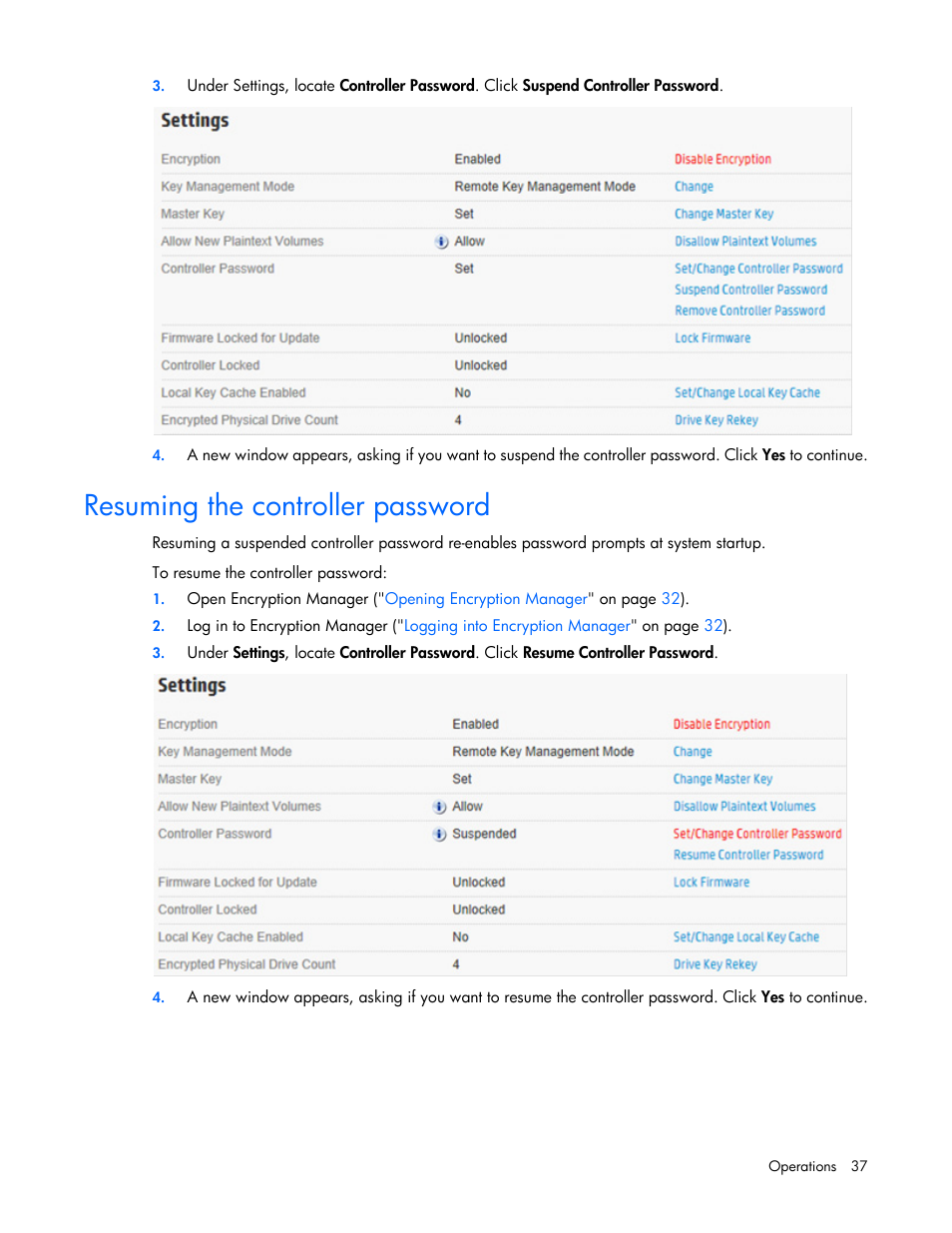 Resuming the controller password | HP Secure Encryption User Manual | Page 37 / 76