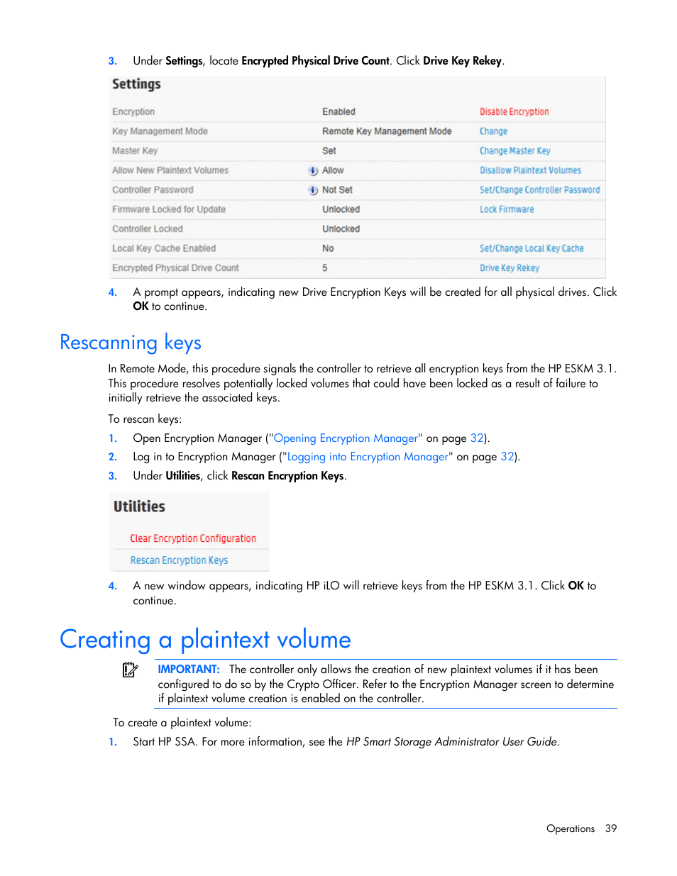 Rescanning keys, Creating a plaintext volume | HP Secure Encryption User Manual | Page 39 / 76