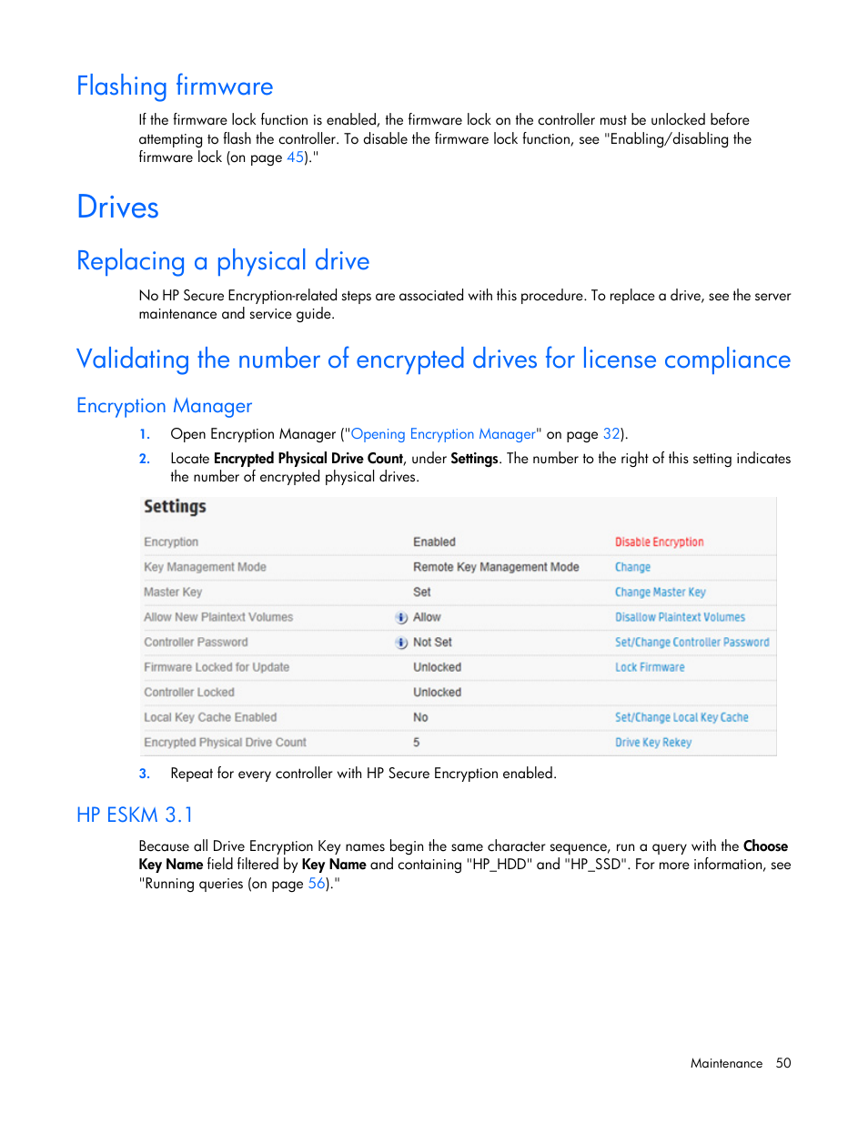 Flashing firmware, Drives, Replacing a physical drive | Encryption manager, Hp eskm 3.1 | HP Secure Encryption User Manual | Page 50 / 76