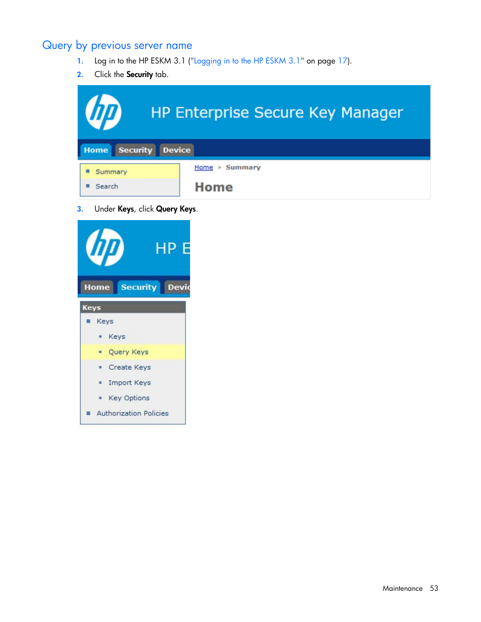 Query by previous server name | HP Secure Encryption User Manual | Page 53 / 76