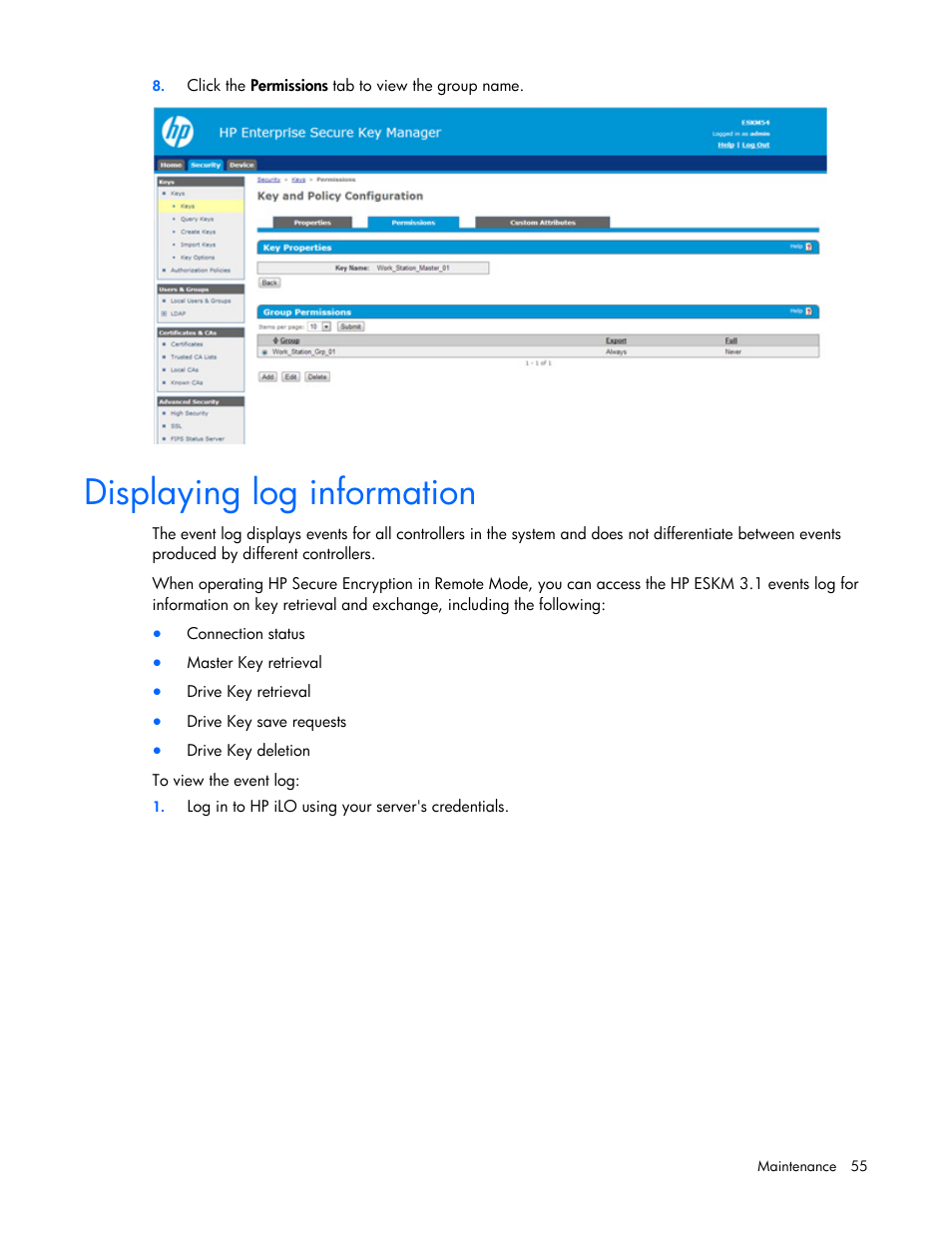 Displaying log information | HP Secure Encryption User Manual | Page 55 / 76