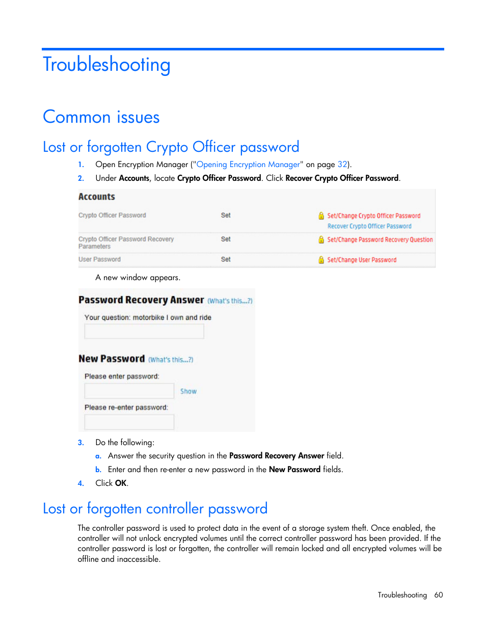 Troubleshooting, Common issues, Lost or forgotten crypto officer password | Lost or forgotten controller password | HP Secure Encryption User Manual | Page 60 / 76