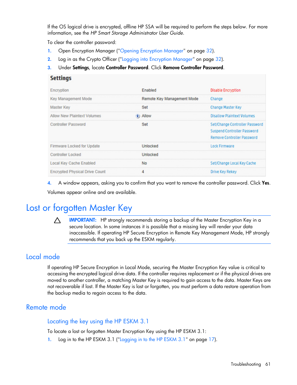 Lost or forgotten master key, Local mode, Remote mode | Locating the key using the hp eskm 3.1 | HP Secure Encryption User Manual | Page 61 / 76