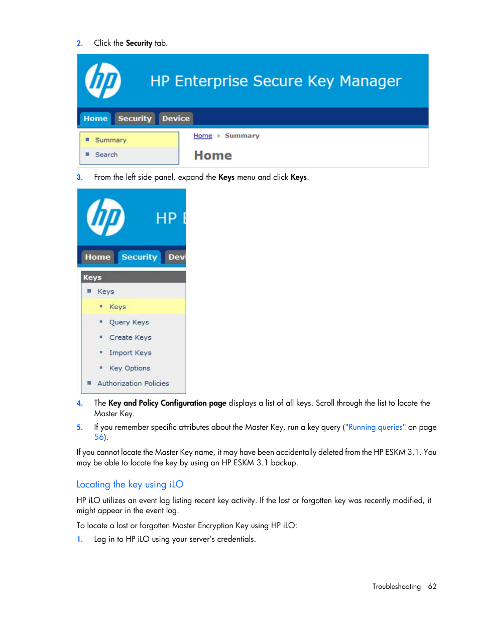 Locating the key using ilo | HP Secure Encryption User Manual | Page 62 / 76