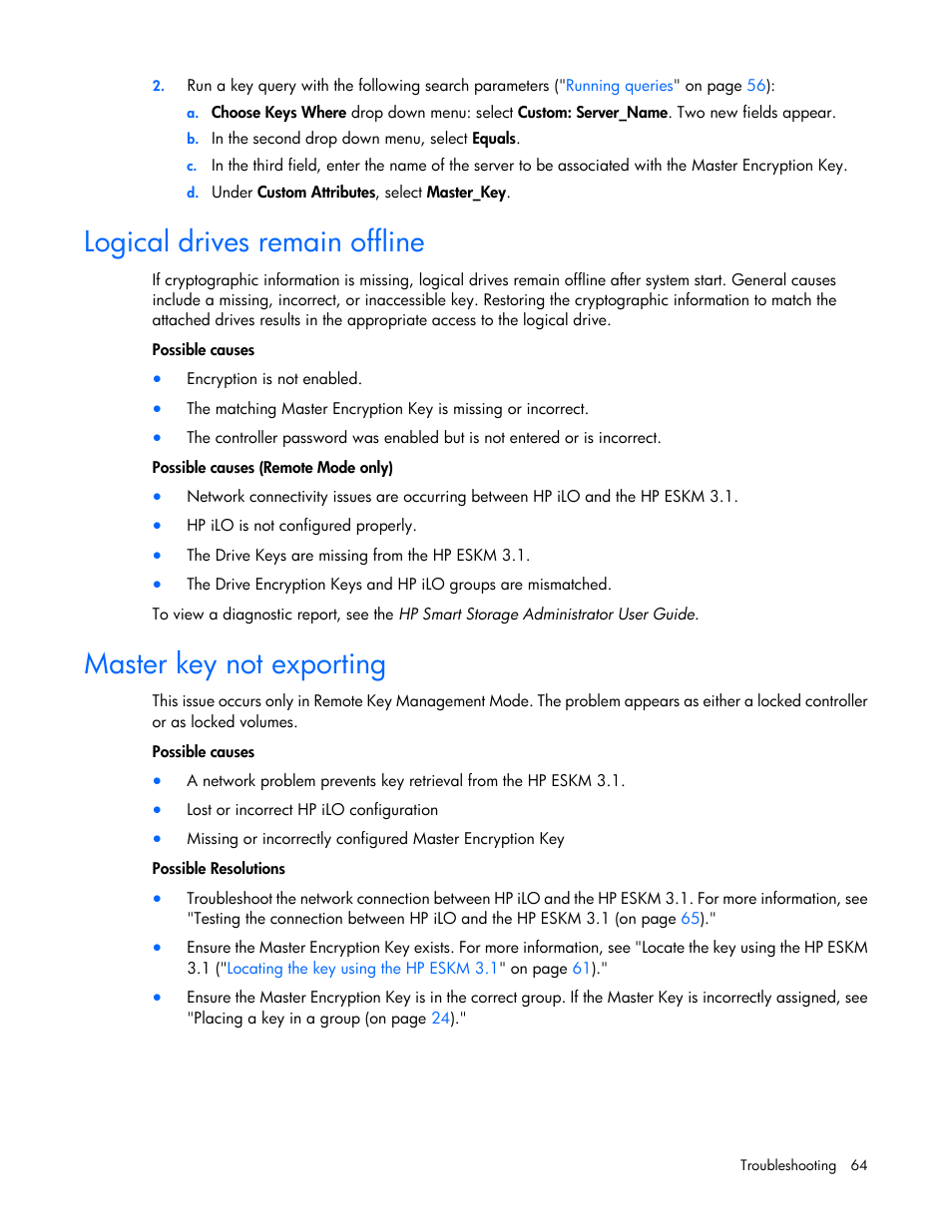 Logical drives remain offline, Master key not exporting | HP Secure Encryption User Manual | Page 64 / 76