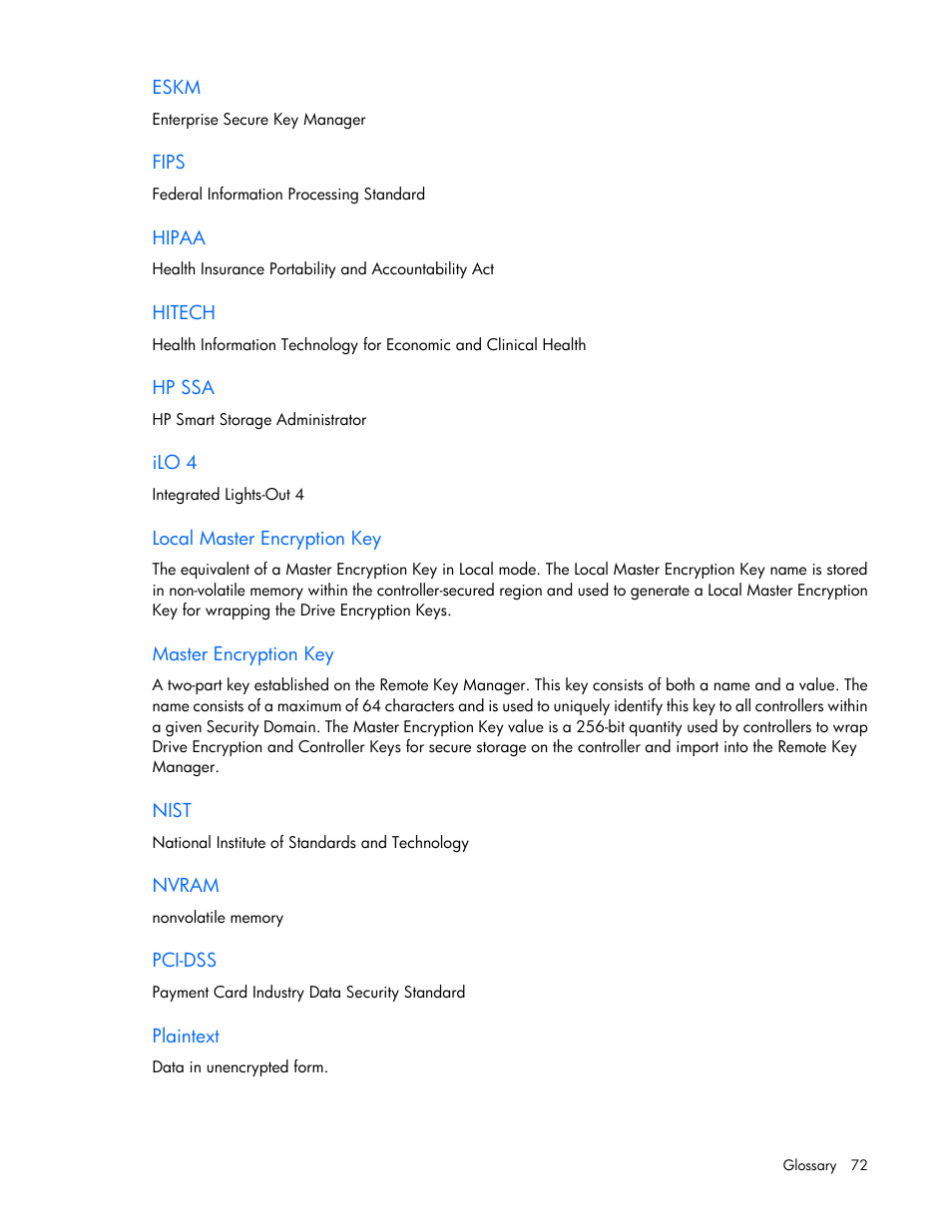 Eskm, Fips, Hipaa | Hitech, Hp ssa, Ilo 4, Local master encryption key, Master encryption key, Nist, Nvram | HP Secure Encryption User Manual | Page 72 / 76