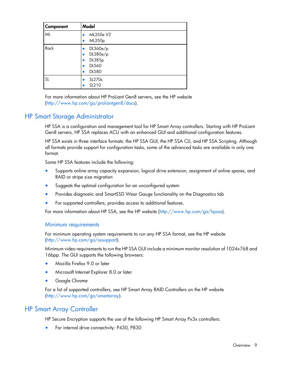 Hp smart storage administrator, Minimum requirements, Hp smart array controller | HP Secure Encryption User Manual | Page 9 / 76