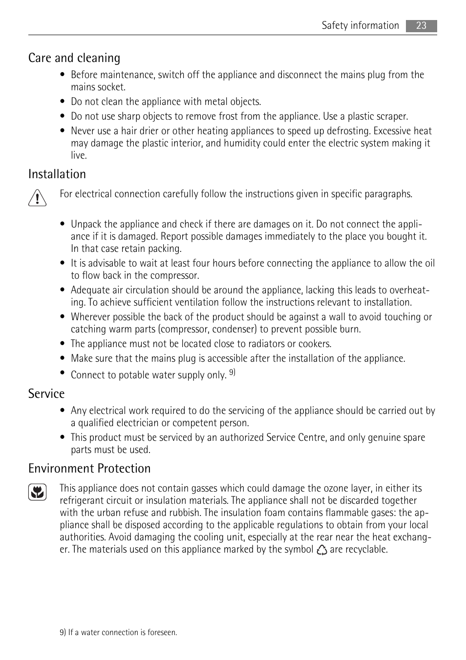 Care and cleaning, Installation, Service | Environment protection | AEG A71108TSW0 User Manual | Page 23 / 72