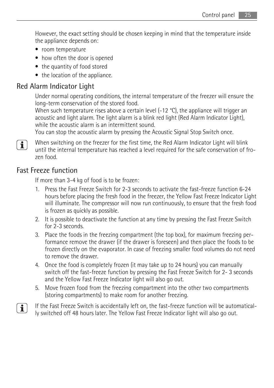 Red alarm indicator light, Fast freeze function | AEG A71108TSW0 User Manual | Page 25 / 72