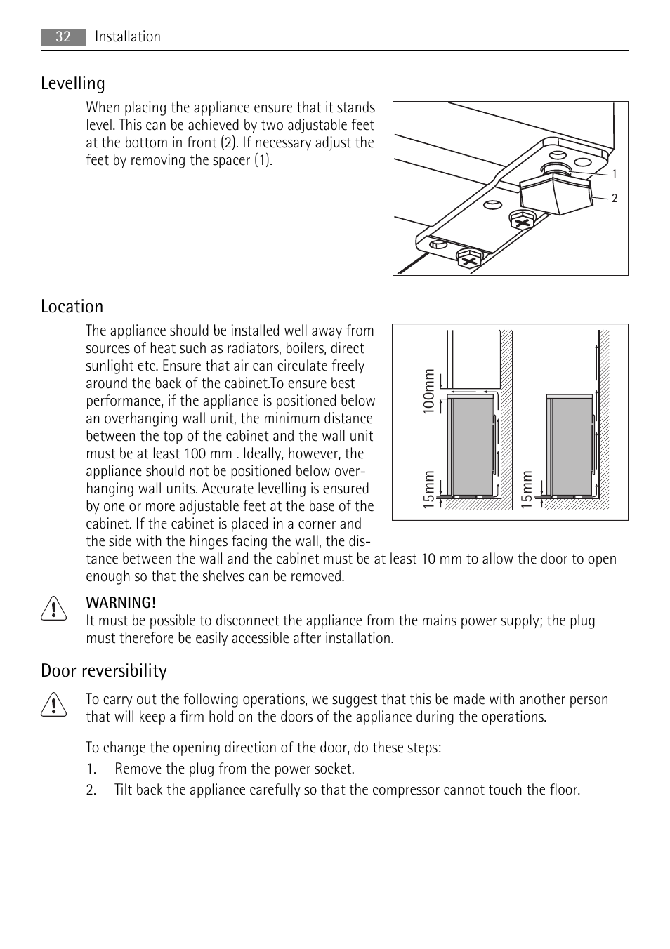 Levelling, Location, Door reversibility | AEG A71108TSW0 User Manual | Page 32 / 72