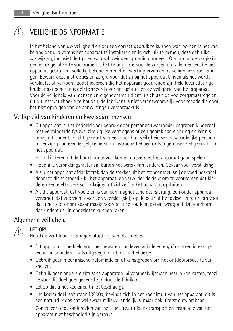 Veiligheidsinformatie, Veiligheid van kinderen en kwetsbare mensen, Algemene veiligheid | AEG A71108TSW0 User Manual | Page 4 / 72