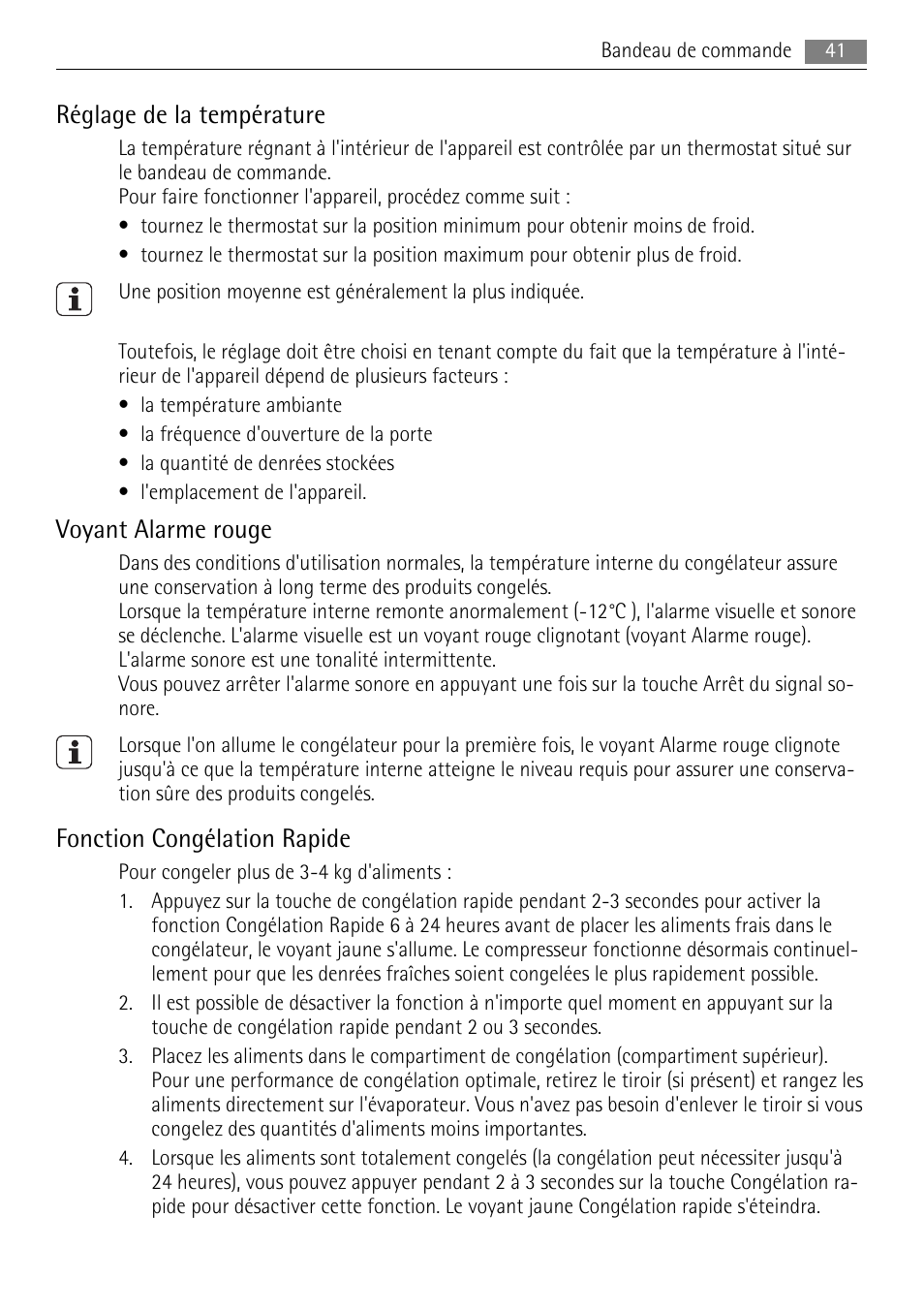 Réglage de la température, Voyant alarme rouge, Fonction congélation rapide | AEG A71108TSW0 User Manual | Page 41 / 72