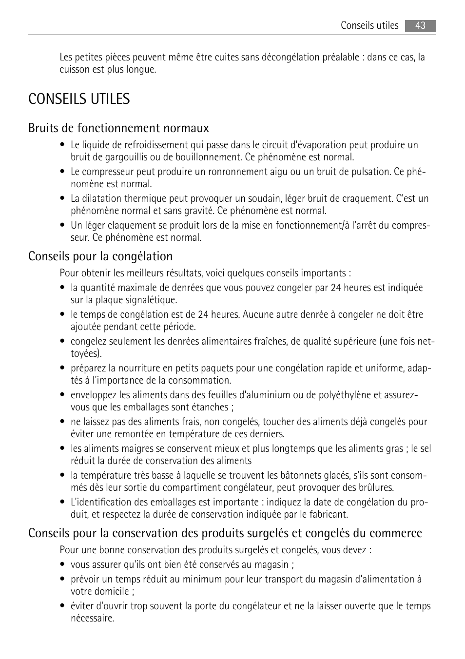 Conseils utiles, Bruits de fonctionnement normaux, Conseils pour la congélation | AEG A71108TSW0 User Manual | Page 43 / 72