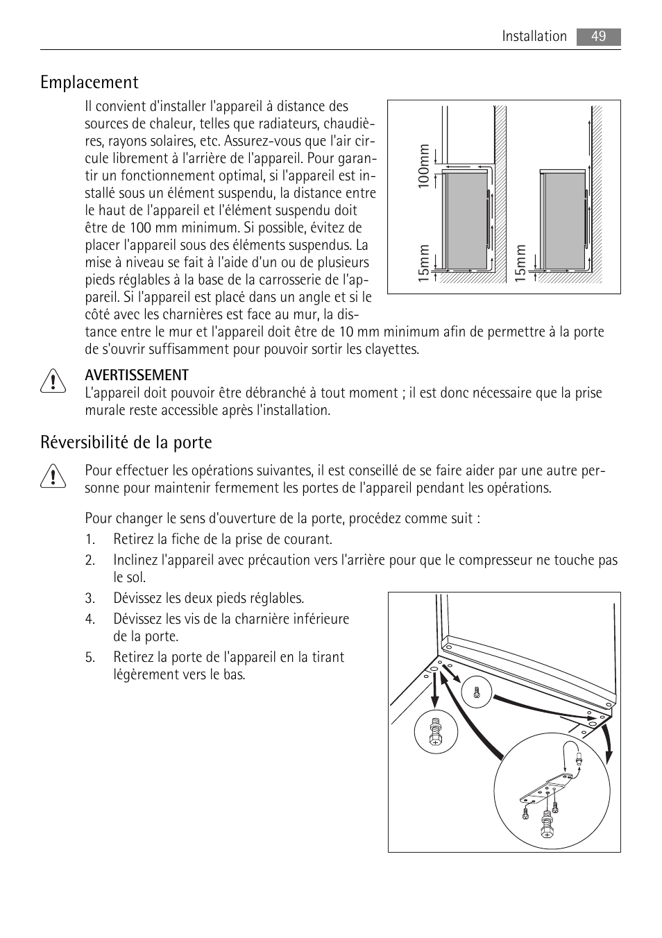 Emplacement, Réversibilité de la porte | AEG A71108TSW0 User Manual | Page 49 / 72