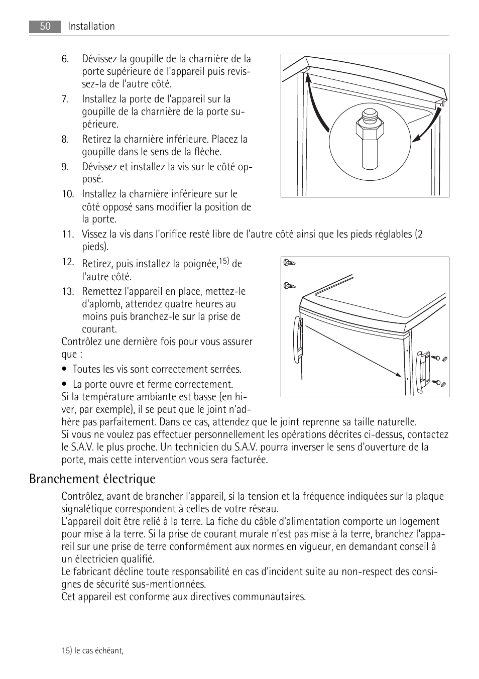 Branchement électrique | AEG A71108TSW0 User Manual | Page 50 / 72