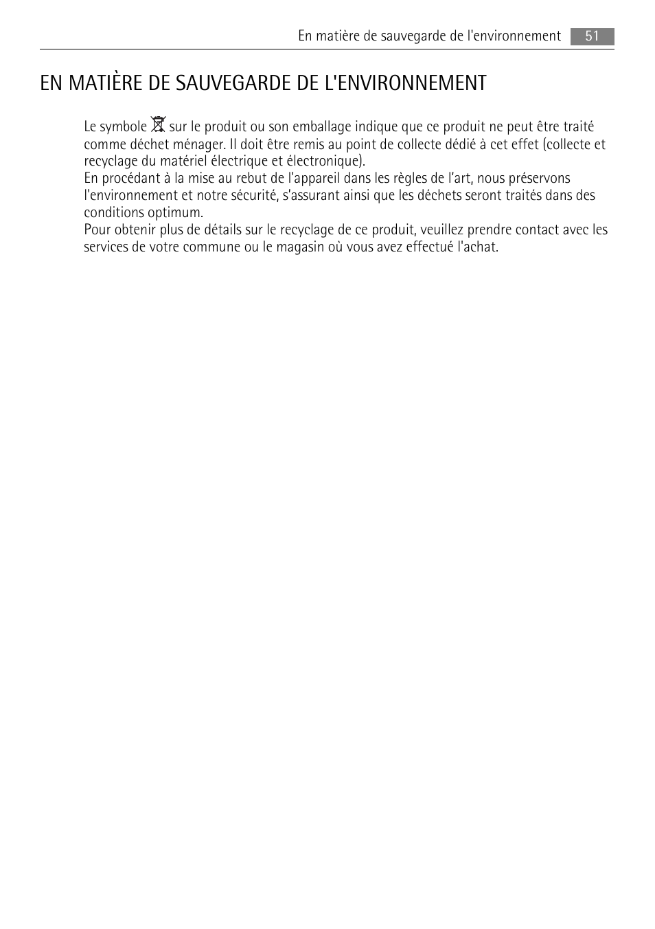 En matière de sauvegarde de l'environnement | AEG A71108TSW0 User Manual | Page 51 / 72