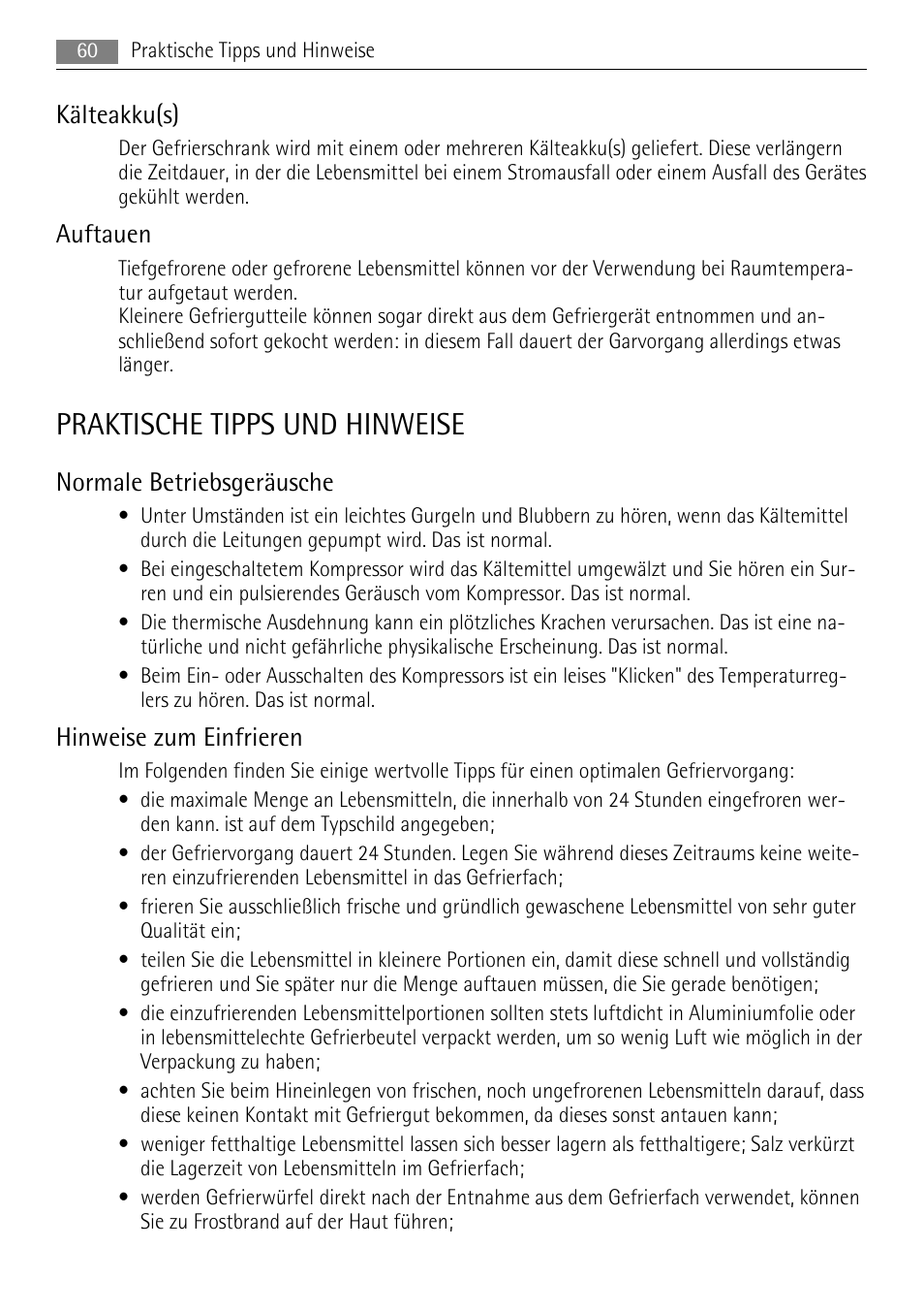 Praktische tipps und hinweise, Kälteakku(s), Auftauen | Normale betriebsgeräusche, Hinweise zum einfrieren | AEG A71108TSW0 User Manual | Page 60 / 72