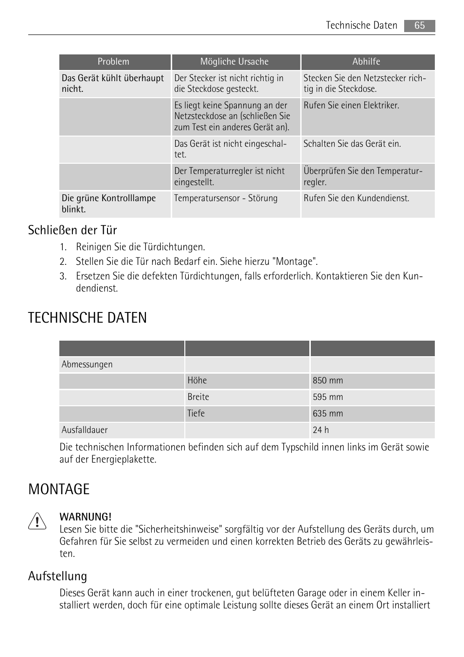 Technische daten, Montage, Schließen der tür | Aufstellung | AEG A71108TSW0 User Manual | Page 65 / 72