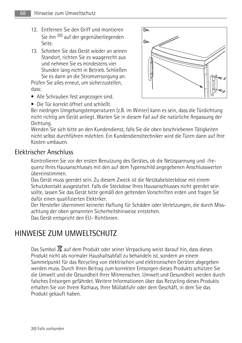 Hinweise zum umweltschutz, Elektrischer anschluss | AEG A71108TSW0 User Manual | Page 68 / 72