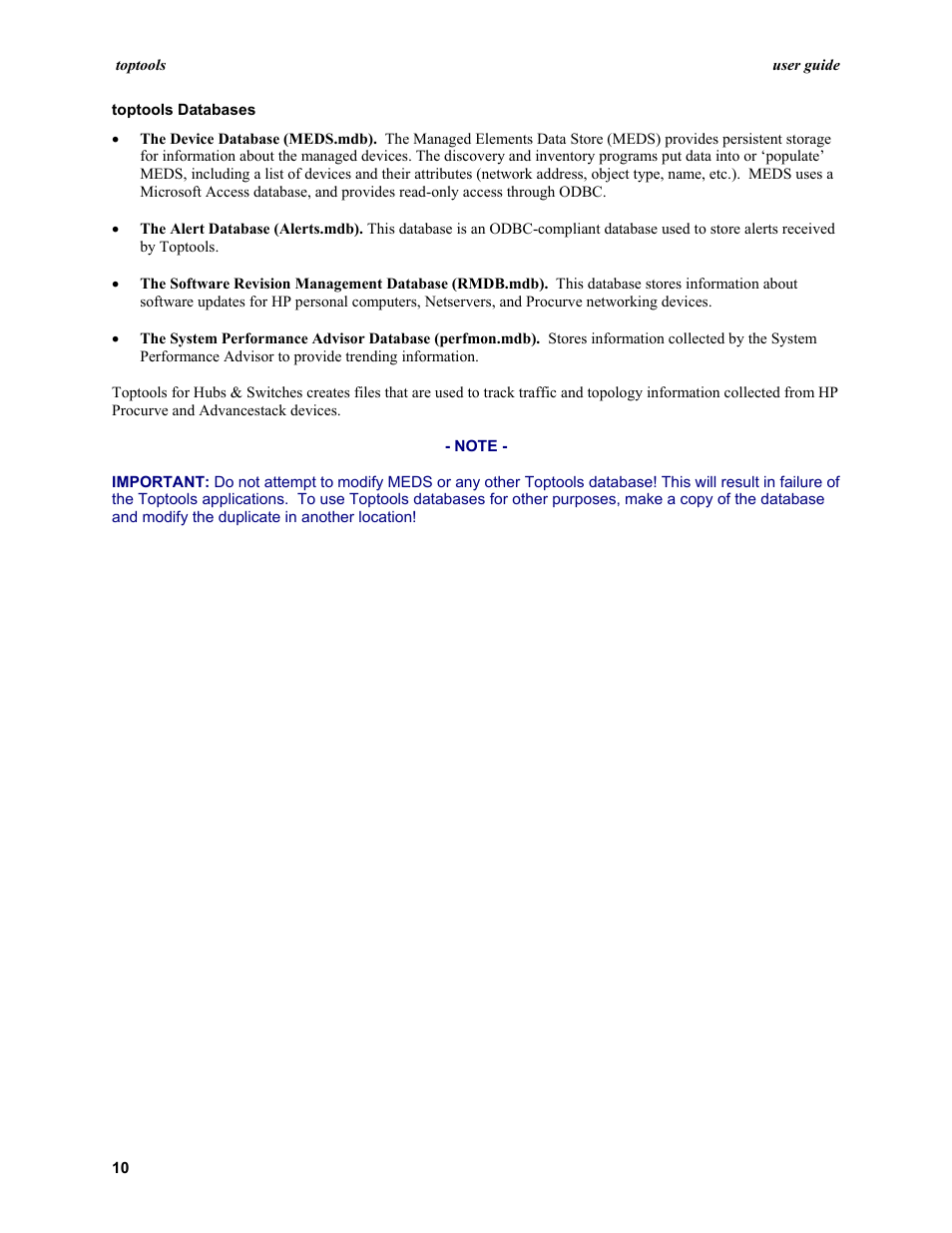 Toptools databases | HP TopTools User Manual | Page 10 / 96