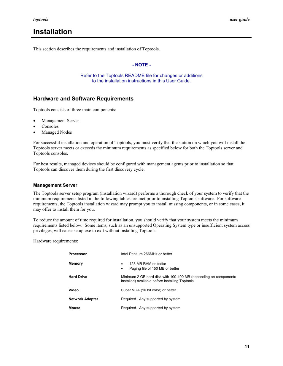 Installation, Hardware and software requirements, Management server | HP TopTools User Manual | Page 11 / 96