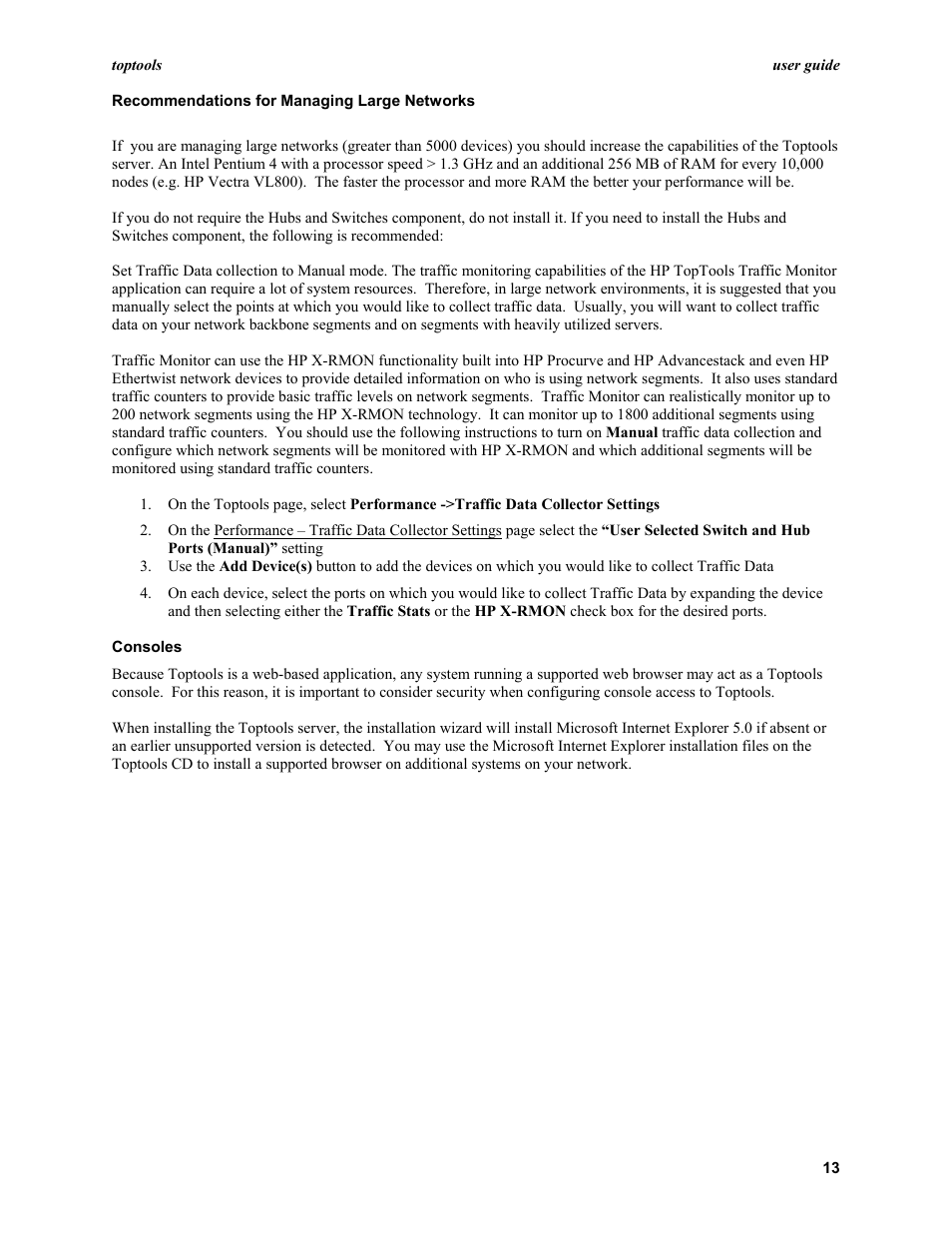 Recommendations for managing large networks, Consoles | HP TopTools User Manual | Page 13 / 96