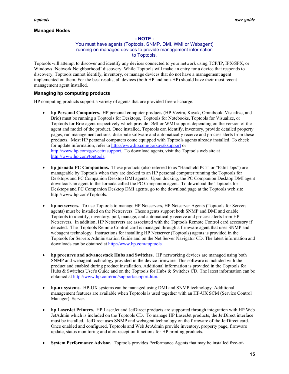 Managed nodes, Managing hp computing products | HP TopTools User Manual | Page 15 / 96