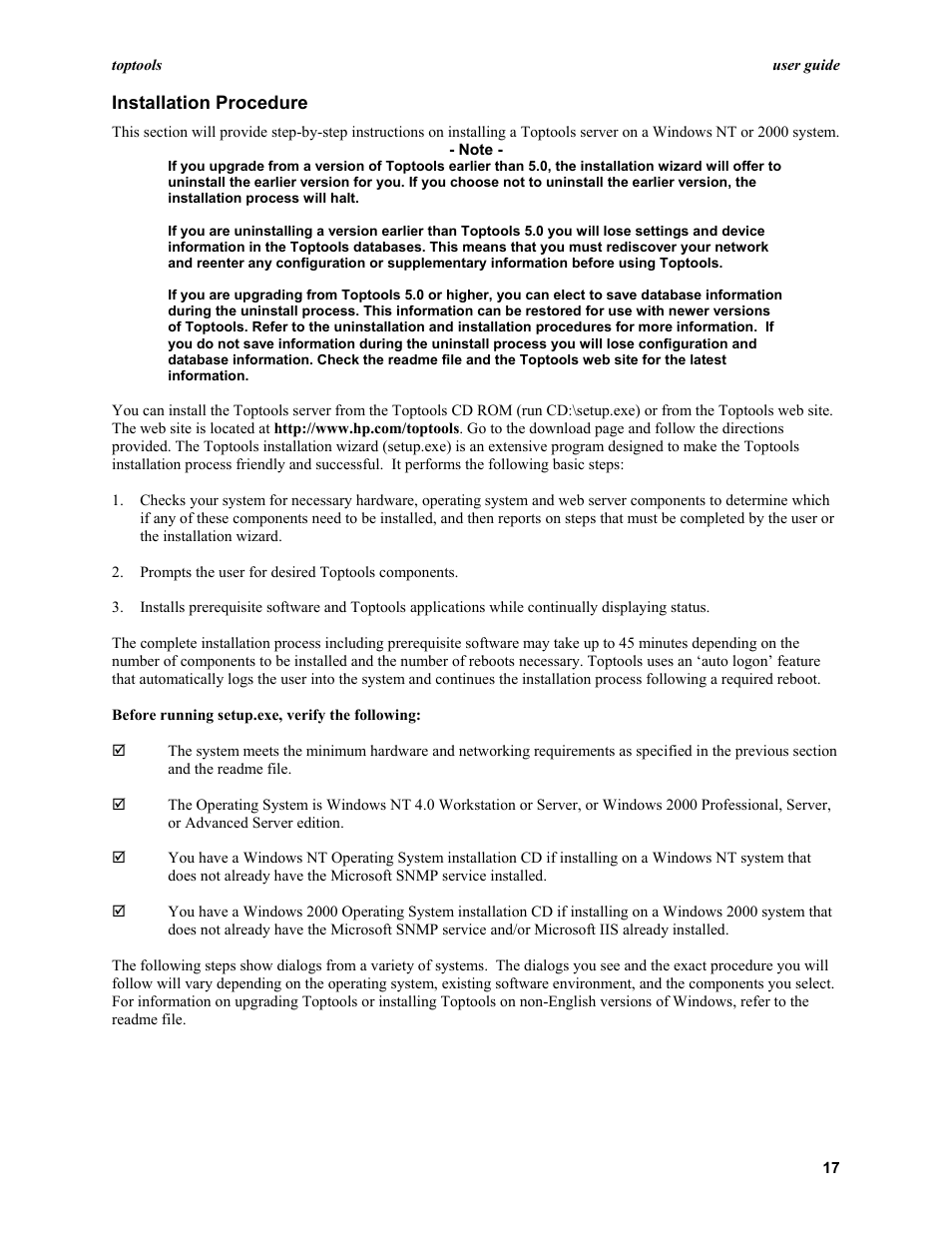 Installation procedure | HP TopTools User Manual | Page 17 / 96