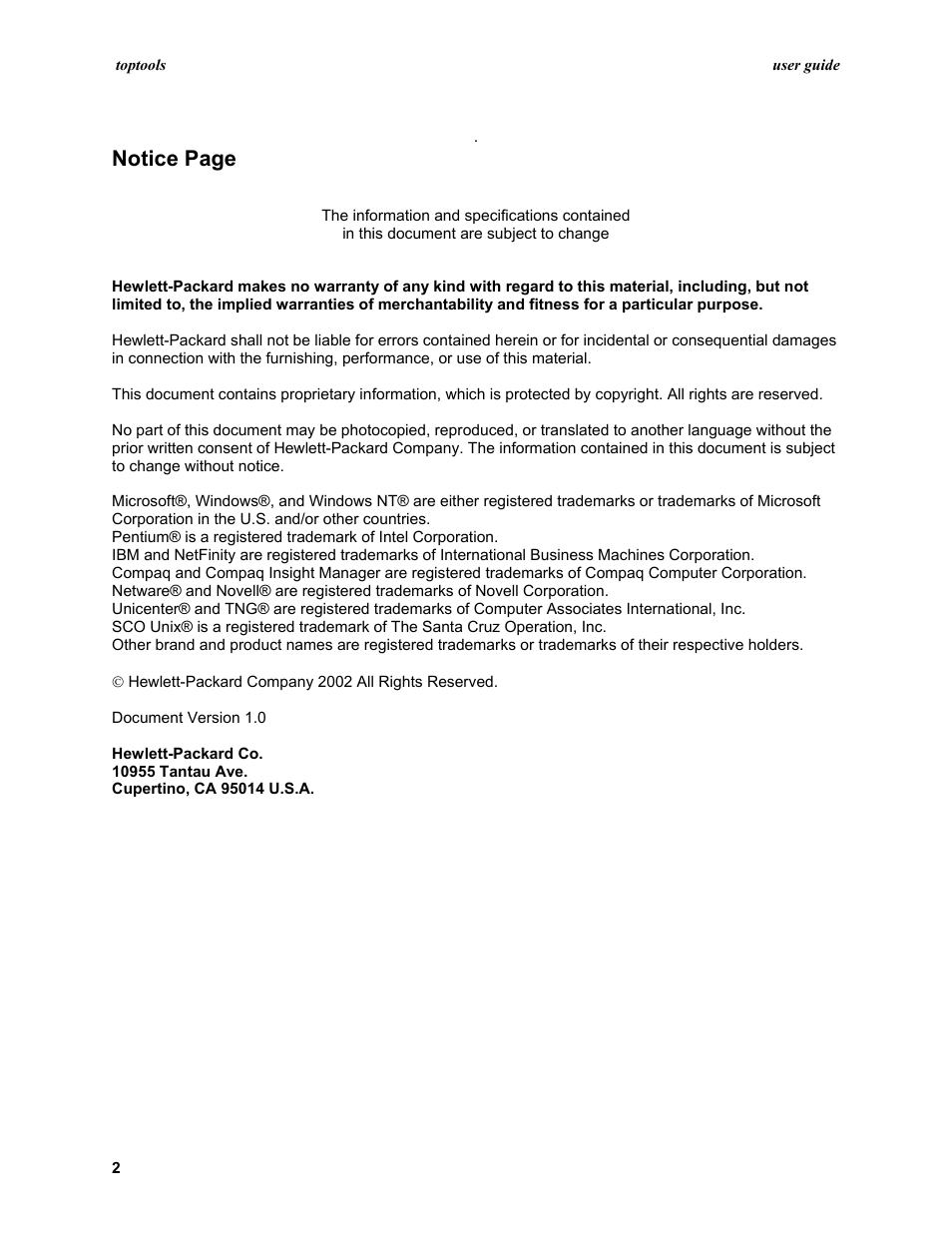 Notice page | HP TopTools User Manual | Page 2 / 96