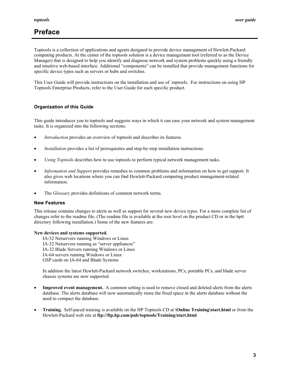 Organization of this guide, New features, Preface | HP TopTools User Manual | Page 3 / 96